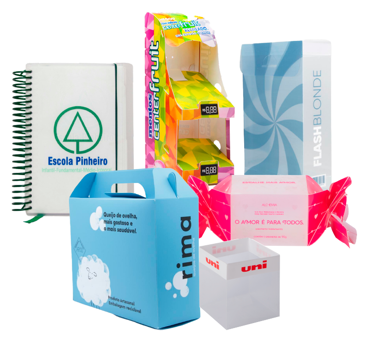 Variedade de embalagens personalizadas produzidas pela Confetti